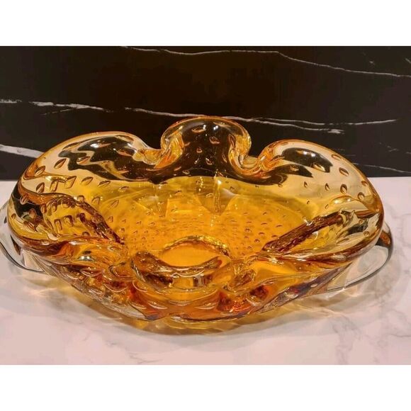 MURANO Bullicante Controlled Bubble Bowl, Amber Hand Blown Glass Décor 8"x6" EUC - Picture 7 of 15